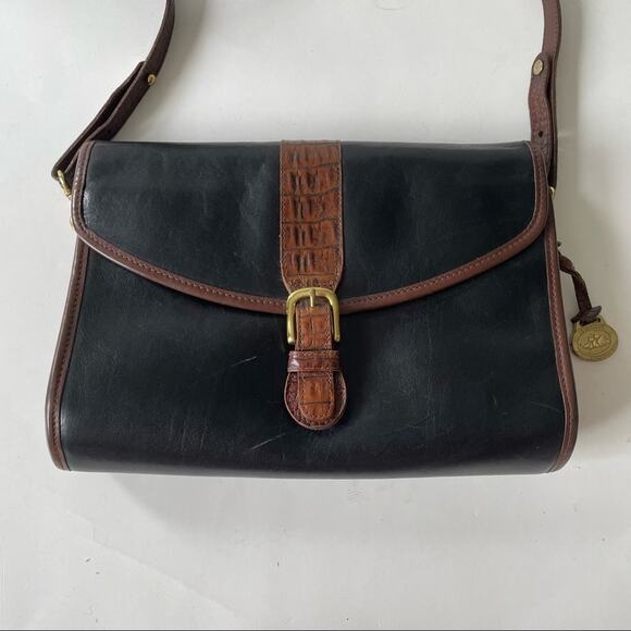 Vintage 1980s Brahmin Shoulder Bag Smooth and Croc Leather Black Brown GUC - Picture 3 of 16